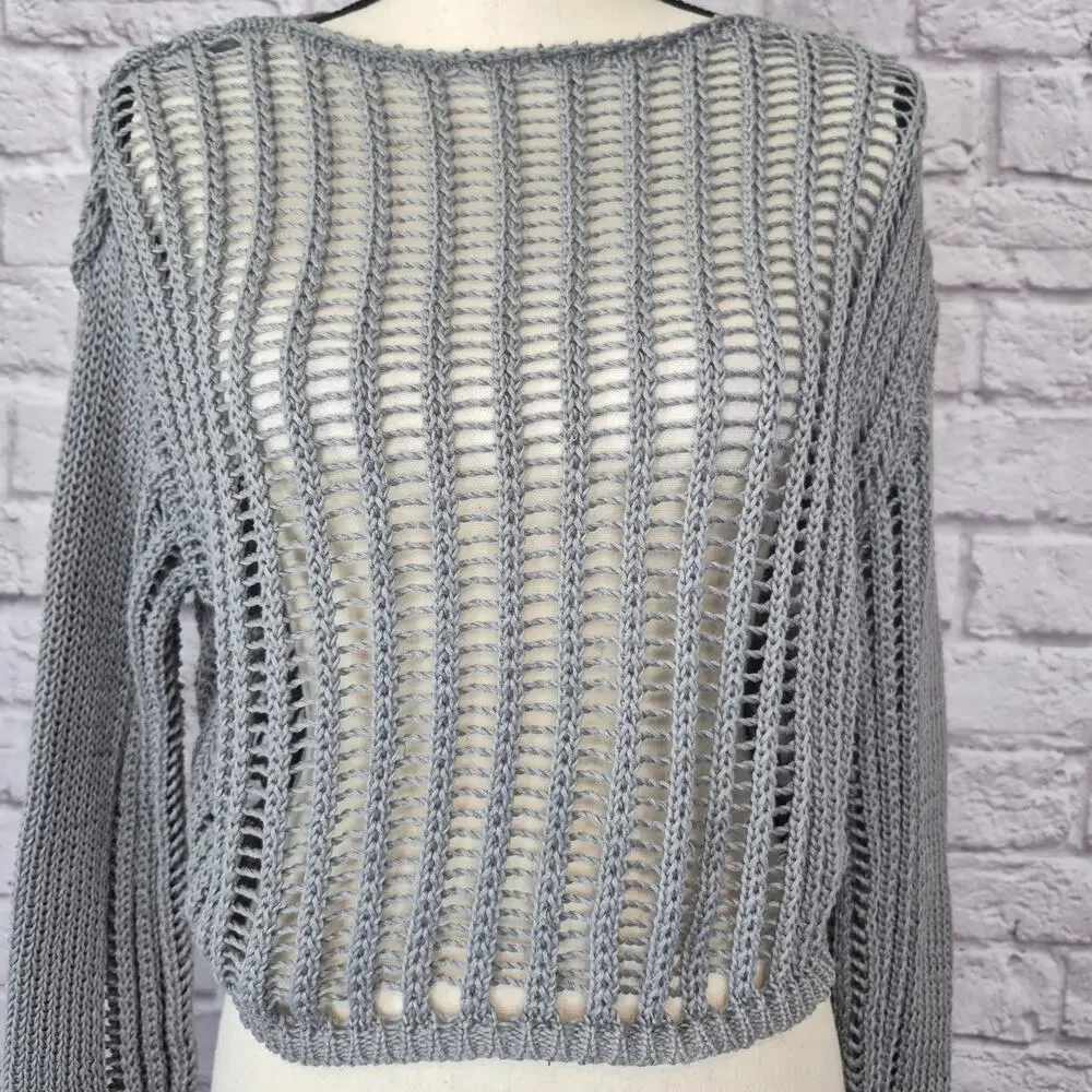 Miss Sparkling Sweater Grey Open Knit Crochet Crop Long Sleeve Women's Size S